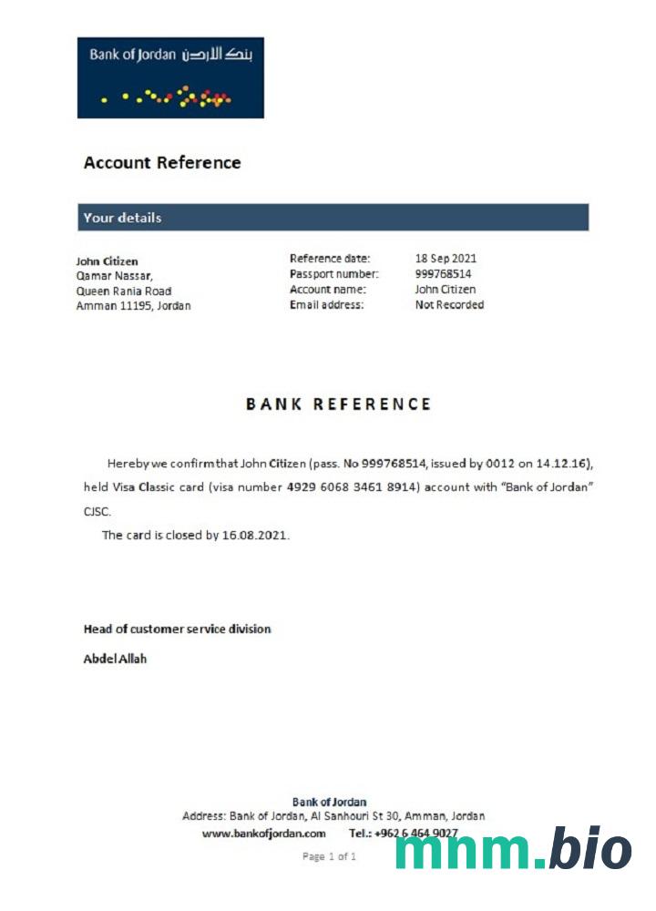 Przykład odniesienia do zamknięcia Jordan bank of Jordan w formatach Word i PDF